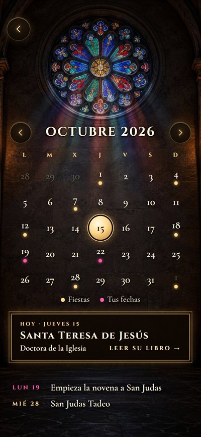 Calendario del mes con fiestas y fechas propias bajo un rosetón de colores