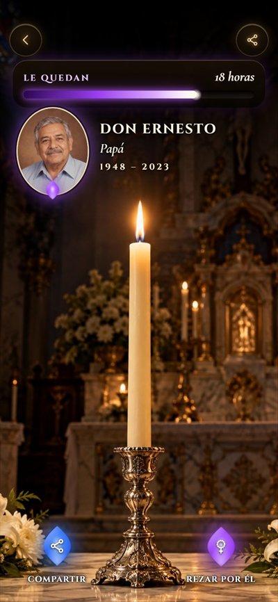 Vela por Don Ernesto, un difunto de ejemplo: su foto, su nombre, sus años (1948–2023) y el tiempo que le queda encendida
