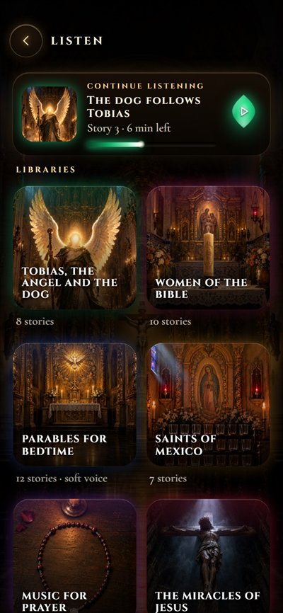 Listen library with story collections shown as covers