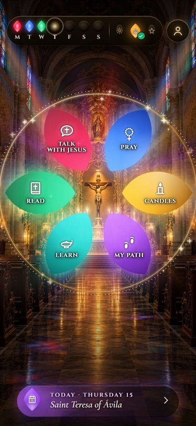 The app's home screen in motion: a church at night with six almonds of light around the crucifix (Talk with Jesus, Pray, Candles, My Path, Learn and Read), flickering candles and the week of prayer at the top