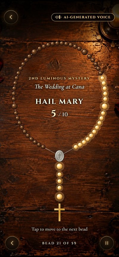 Rosary in progress: wooden beads lighting up, the mystery of the day and a bead counter