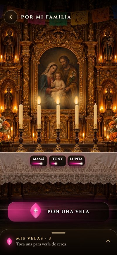 Altar de la familia: un retablo dorado con una vela por mamá, por Tony y por Lupita