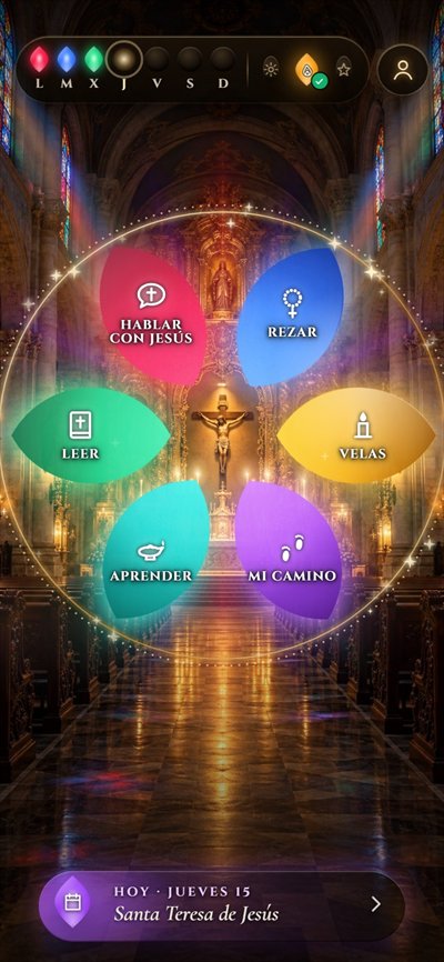 Pantalla de inicio de la app en movimiento: una iglesia de noche con seis almendras de luz alrededor del Cristo (Hablar con Jesús, Rezar, Velas, Mi camino, Aprender y Leer), velas que parpadean y la semana de oración arriba